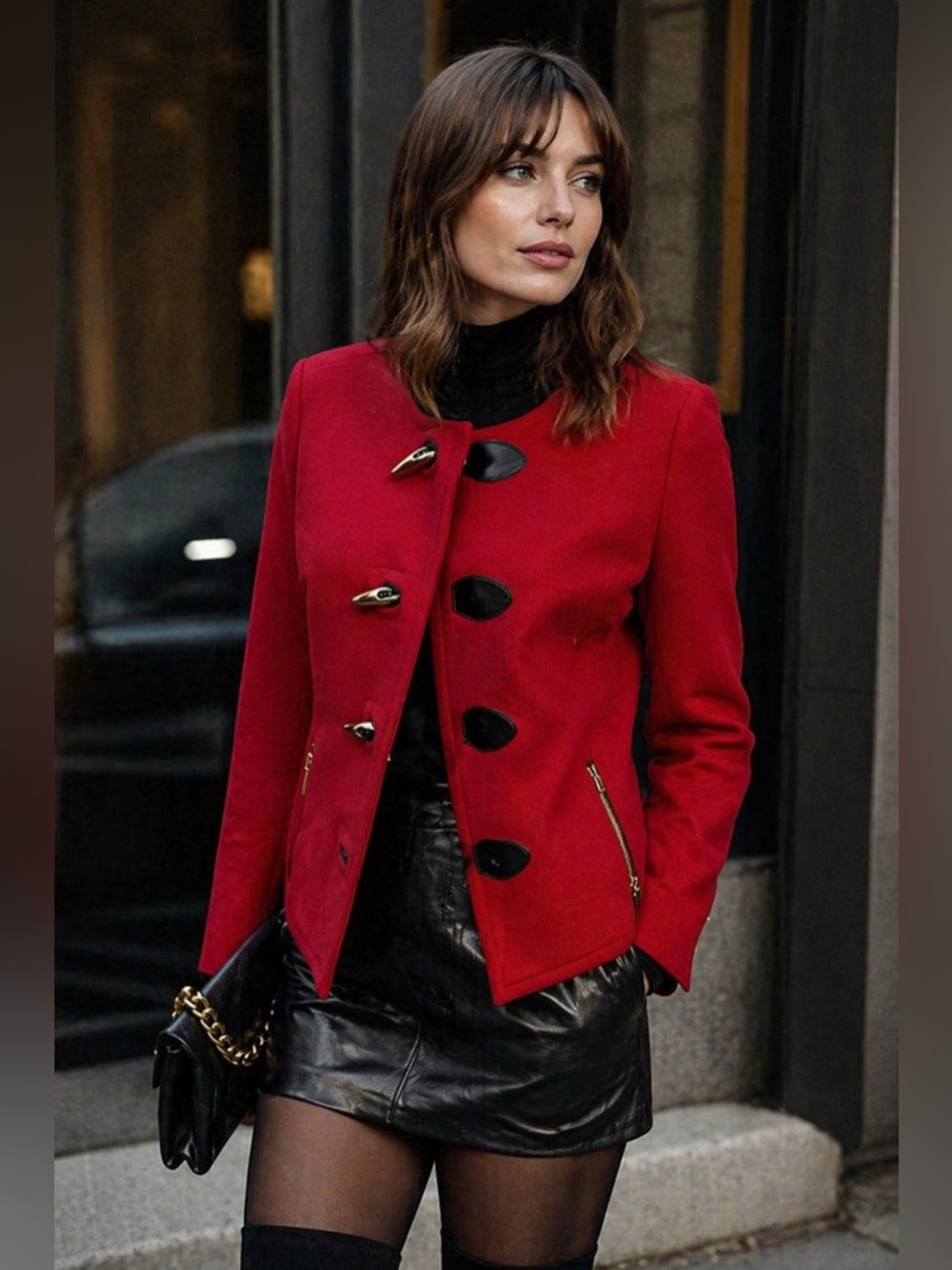 Michael Kors Wool Blend Faux Horn Toggle Boxy Pea
Coat Jacket Solid Red